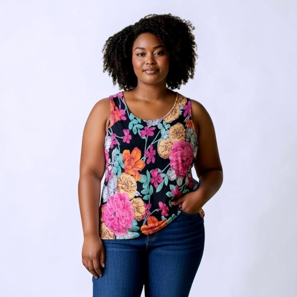 West End Floral Sleeveless‎ Tank Top Black Pink Orange XL